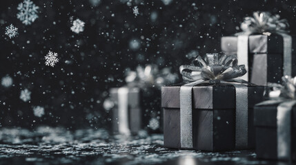 Luxury Gift Boxes with Silk Ribbons, Falling Snowflakes, Dark Moody Background, Professional Studio Lighting, Elegant Holiday Christmas Decoration, Festive Winter Concept