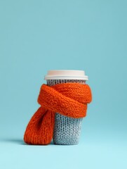 coffee cup wrapped in knitted woolen fabric
