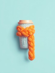 coffee cup wrapped in knitted woolen fabric