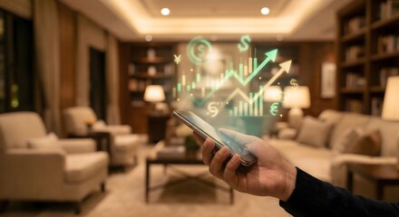 Man using smartphone displaying financial data, investment growth, home office, modern living room concept.