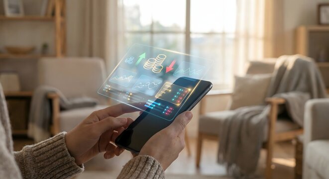 Financial data analysis on smartphone, home office, investment growth, digital finance concept. - Powered by Adobe