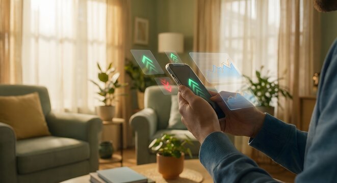 Man analyzing financial data on smartphone, remote work, investment growth, home office lifestyle - Powered by Adobe