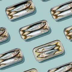 open sardine tins on a pastel blue background