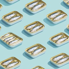 open sardine tins on a pastel blue background