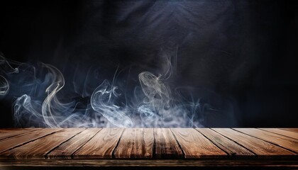 Wooden plank table with smoke background