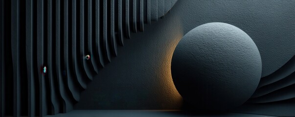 Dark abstract background with a large round sphere and sculptural ribbed walls