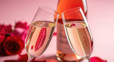 Two elegant champagne flutes filled with sparkling drink are clinking together, surrounded by vibrant red roses, creating a romantic atmosphere for Valentine's Day celebration