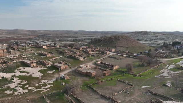 Aerial drone view of ancient Sogmatar archaeological site in Sanliurfa, Turkey