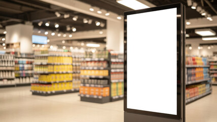 digital display screen in aisle of supermarket with blurred shelves of products