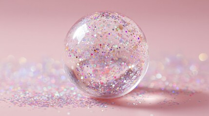 Clear bauble filled with subtle glitter dust, pastel pink background