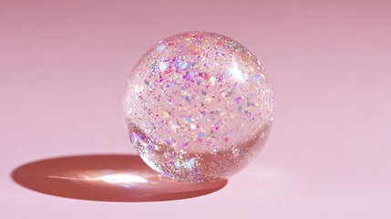 Clear bauble filled with subtle glitter dust, pastel pink background