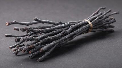 Frosted twig bundle with no decorations, matte charcoal surface