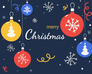 Merry Christmas. A postcard with Christmas tree decorations, snowflakes, and streamers.