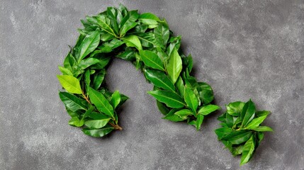 A question mark formed of vibrant green leaves sits on a textured, gray surface. The botanical arrangement evokes thought