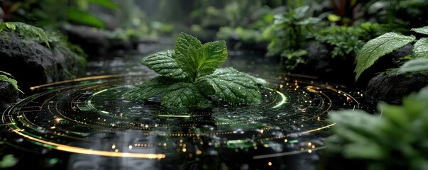 Green mint leaf with digital rings and futuristic light effects in a nature scene