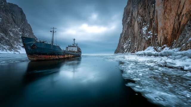 Ultra HD Abandoned rusty cargo ship trapped in ice between steep snowy cliffs in a cold winter landscape video