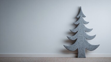Grey felt tree cutout leaned against pale wall, calm holiday mood