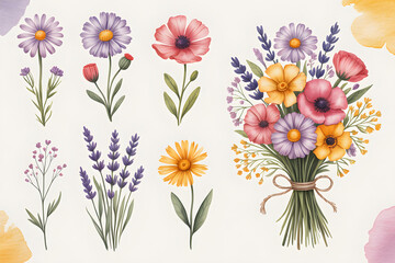 Watercolor wild flowers collection and spring bouquet illustration