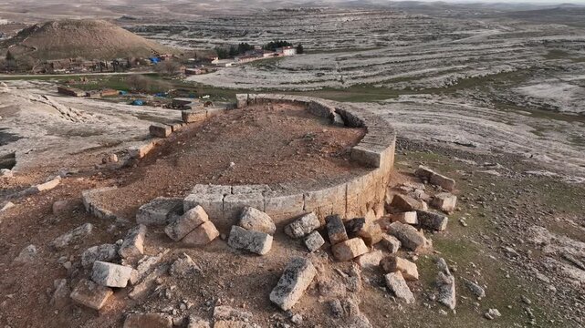Drone aerial view of rock cut tombs and fortress graves in Sogmatar ancient site