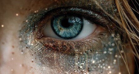 Close up of a blue eye with circuit patterns and digital glow, a futuristic tech vision