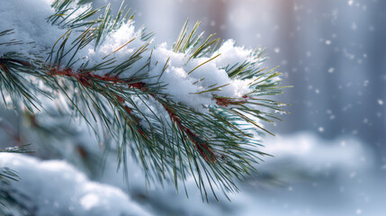 Outdoor Snowy Pine Branch Close-Up, Natural Winter Textures, Diffused Soft Light, Cozy Winter Atmosphere, Frosted Pine Detail, Seasonal Nature Macro Photography