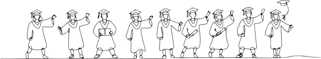One continuous line drawing of Graduation activities are carried out by students wearing a toga as symbol of graduation vector illustration. one line Art icon drawing