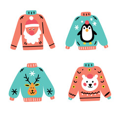 A set of four cartoon Christmas sweaters with Santa, reindeer, penguin, and polar bear designs
