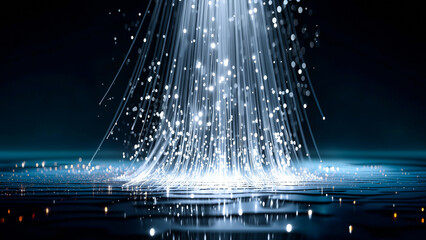 Digital Connectivity Cascade: Abstract representation of data flow streams illuminated against a dark, reflective backdrop, illustrating the essence of high-speed data transfer. 