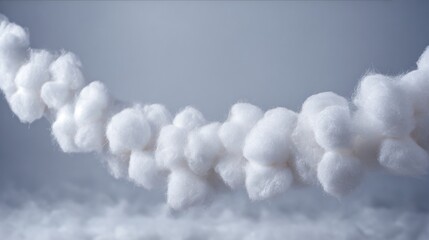 Simple white garland made of cotton puffs, snow-white backdrop