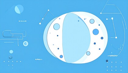 Abstract light-blue shapes and lines against a blue backdrop, a central sphere with dotted detail