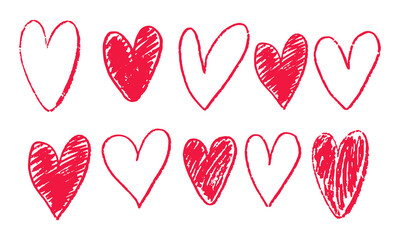 Set of chalk drawn sketch haerts. Different red haerts for Valentines Day, posters, cards, invitation