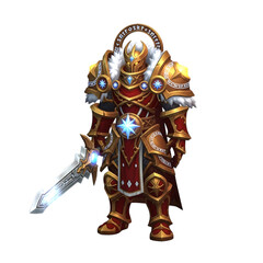 Obraz premium Red and gold armored warrior, with sword and blue gems, cutout, PNG isolated on transparent background
