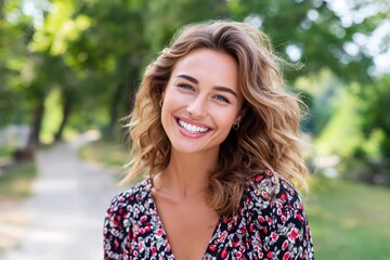 Naklejka premium Portrait of smiling young woman outdoors in park
