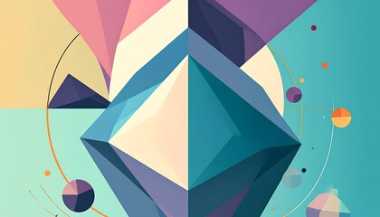 Abstract geometric shapes in muted, pastel shades, circles, triangles, polygons overlayed on a diagonally divided background