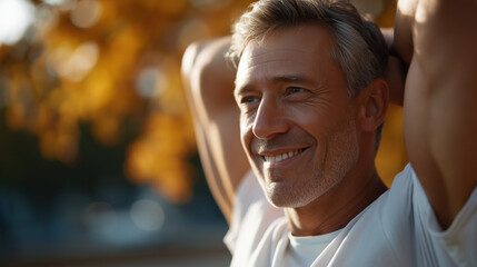 Faceless smiling mature athlete stretching arm heavily defocused outdoor autumn background anonymous person working out fitness flexibility exercise warm up activity scene wit