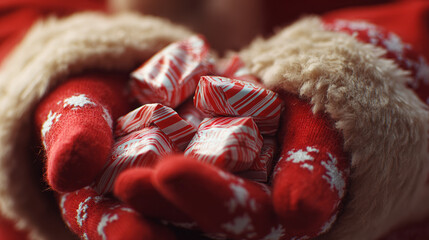 Santa Gloves Holding Tiny Wrapped Candy, Close-Up Holiday Christmas Detail, Soft Warm Focus, Festive Winter Celebration, Seasonal Gift Concept