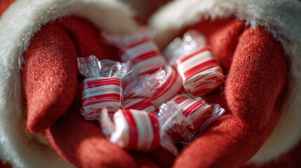 Santa Gloves Holding Tiny Wrapped Candy, Close-Up Holiday Christmas Detail, Soft Warm Focus, Festive Winter Celebration, Seasonal Gift Concept