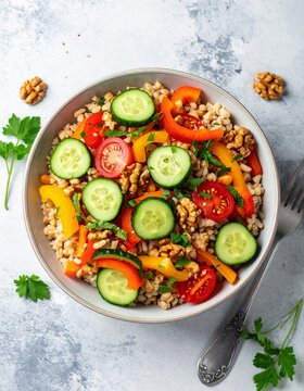 Gesunder Gerstensalat mit buntem Gem&uuml;se und Waln&uuml;ssen