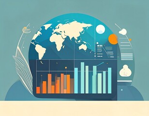 Abstract globe with bars, circles, charts on muted teal ground. Simple, modern