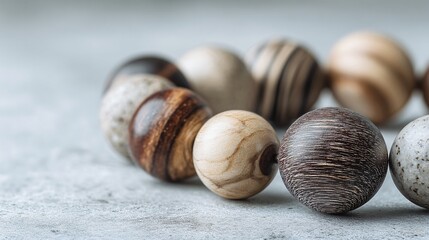 Wooden bead ornament in natural tones on smooth grey surface