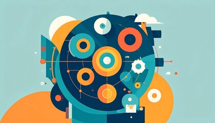 Obraz premium Abstract graphic art. Blue circles overlap on orange shapes against a blue backdrop, creating a modern, playful design