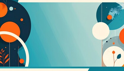 Abstract graphic design teal background, orange circles, white arches and abstract organic elements