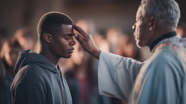 Pastor applying a small drop of anointing oil on the forehead of a 20-year-old man with closed eyes during a quiet moment of reverence in church.
