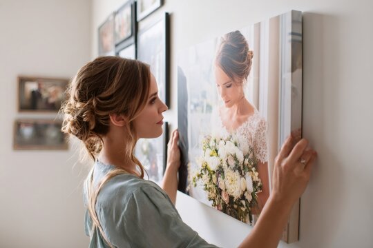 Woman hanging wedding canvas print in home
