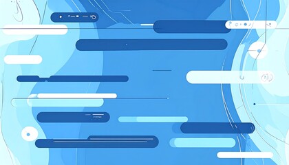 Abstract blue and white illustration with rounded rectangles and flowing lines. Modern design with varied shapes and shades