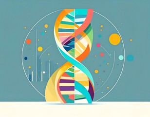 Abstract, stylized DNA strand in vibrant colors against a soft grey background with geometric elements