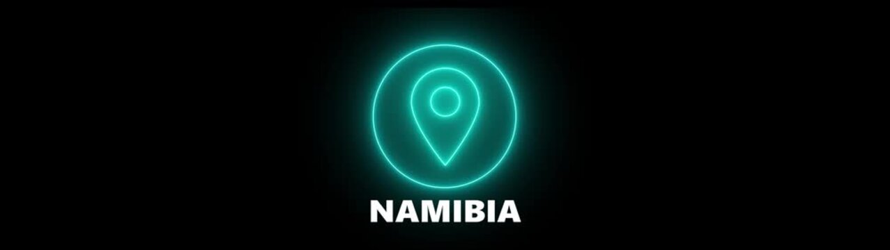 Neon Location Pin Icon with Namibia Text on Black Background map marker navigation