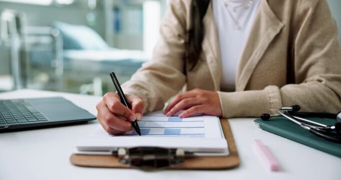 Doctor, hands and writing in office with clipboard for schedule, medical records and administration. Notes, woman and healthcare worker with checklist for agenda, appointment reminder and planning.