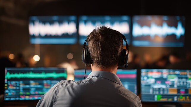 Professional audio engineer wearing studio headphones monitoring detailed sound levels on multiple screens in a dimly lit church control room with glowing waveforms.