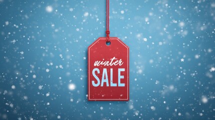 A red price tag with "Winter Sale" text hangs against a blue background, suggesting a seasonal discount amid simulated snowflakes